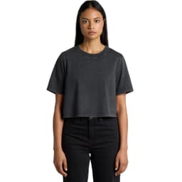 A heavy cropped tee in stone wash black, featuring short sleeves and a relaxed fit. The top has a logo.