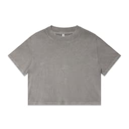 A cropped grey T-shirt with a simple design and a round neckline, featuring a branding logo.