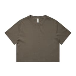 An olive green heavy faded crop tee with a round neckline and short sleeves, featuring a logo.