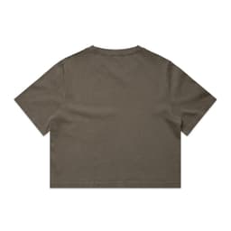 A cropped t-shirt in a faded olive green colour, featuring a plain back and short sleeves. It has a logo.