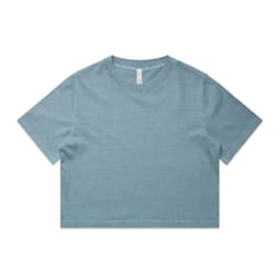 A cropped t-shirt in a faded blue colour with a round neckline and short sleeves. It features a brand logo on the label.