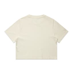 A cream-coloured cropped t-shirt with short sleeves and a plain back, featuring a logo.