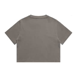 A heavy faded crop tee in a warm grey colour with a simple design and short sleeves. The shirt features a logo.