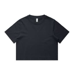 A black heavy faded crop tee with a round neckline and short sleeves, featuring a subtle logo.