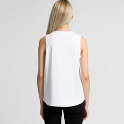 A white singlet tank top with a rounded hem and no sleeves, featuring a branding logo on the back.