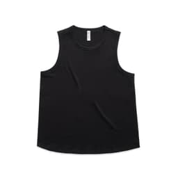 A black singlet tank top with a round neckline and a slight curved hem, featuring a logo.
