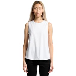 A white sleeveless tank top with a relaxed fit, featuring a simple design and a logo on the front.
