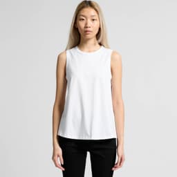 A sleeveless white tank top with a relaxed fit, featuring a subtle logo branding.