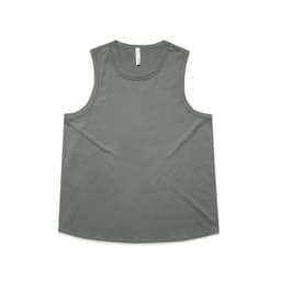 A grey singlet tank top with a rounded hem and a tag at the neck. It features a branding logo.