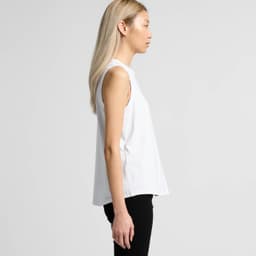 A white singlet tank top with a relaxed fit, featuring a simple design and side profile view. It has a logo.