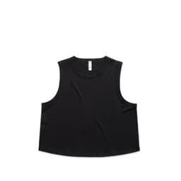 A black crop tank top with a round neckline and a loose fit. It features a subtle logo on the label.