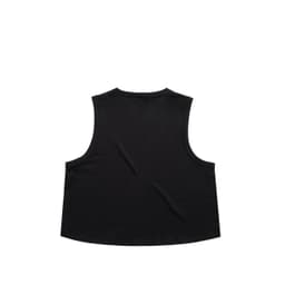 A black crop tank top with a sleeveless design and a round neckline, featuring a branding logo.