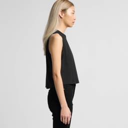 A black crop tank top with a sleeveless design, featuring a logo and a relaxed fit.