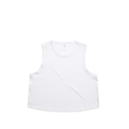 A white crop tank top with a round neckline and sleeveless design. Features a logo on the label.