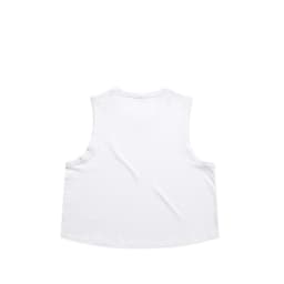 A white crop tank top with wide armholes and a relaxed fit, featuring no visible branding.