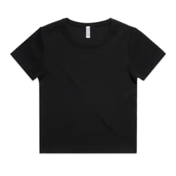 A black organic rib t-shirt featuring a crew neckline and short sleeves. The shirt has a logo on the label.
