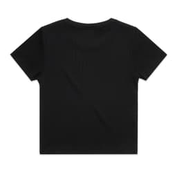A black organic rib tee with short sleeves and a round neckline. It features a logo on the back.