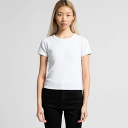 A white ribbed t-shirt with short sleeves, paired with black trousers. The shirt has a simple design and branding.