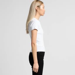 A white organic rib tee featured on a model from the side, showcasing its fitted style.