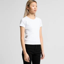 A fitted white ribbed T-shirt with short sleeves, displayed on a model against a plain background.