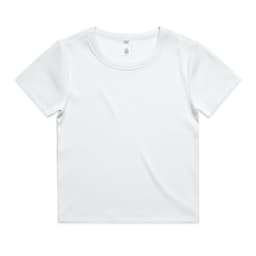 A white organic ribbed T-shirt featuring a round neckline and short sleeves, with a logo label.