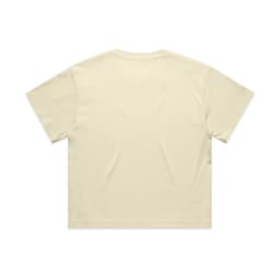 A cropped tee in a soft cream colour with a plain back and short sleeves. It features a logo.