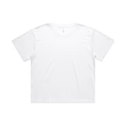 A white crop tee featuring a relaxed fit and short sleeves, with a logo on the back.