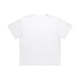 A white short-sleeved crop tee with a plain back. The shirt features a logo.