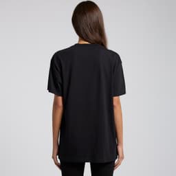 A black oversized T-shirt featuring a simple design and a logo. The model is seen from the back.
