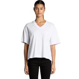 A white V-neck T-shirt with short sleeves and a loose fit, featuring a branding logo.