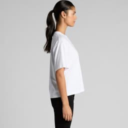 A white V-neck tee with short sleeves, featuring a relaxed fit and a brand logo, displayed on a model from the side.