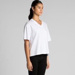 A white V-neck tee with short sleeves displayed on a model, featuring a casual fit. The tee has a logo.