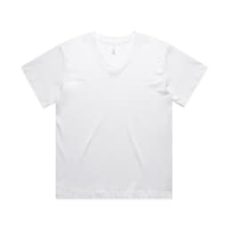A white V-neck T-shirt featuring short sleeves and a simple design, with a logo on the label.