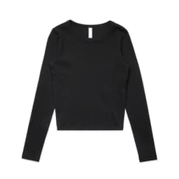 A black long-sleeve t-shirt with a fitted design and a crew neckline. It features a branding logo.
