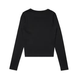 A black long-sleeve tee featuring a simple design and a logo. The back view showcases a fitted silhouette.