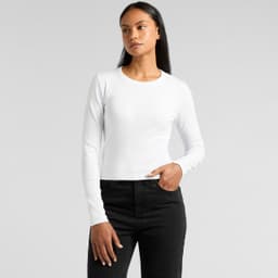 A white long-sleeve t-shirt with a fitted design, featured with black pants and a subtle logo.