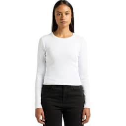 A white long-sleeved t-shirt displayed on a model, featuring a fitted design and a round neckline.