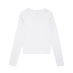 A white long-sleeve t-shirt with a round neckline and a logo on the label.