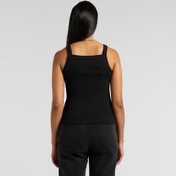 A black organic collegiate tank top with a fitted design and adjustable straps, featuring a logo.