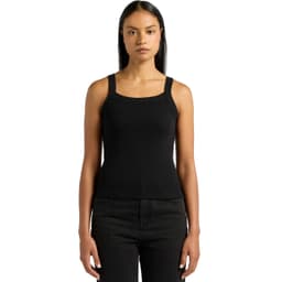 A black collegiate tank top featuring a square neckline, made from organic fabric, with a logo on the front.