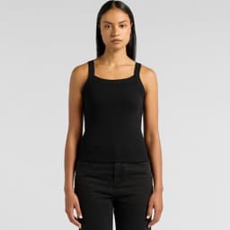 A black collegiate tank top with a square neckline and a fitted design. The model stands against a plain background.