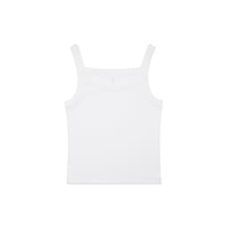 A white organic collegiate tank top with thin straps, featuring a simple design and branding detail.