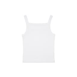 A white collegiate tank top with a simple design, featuring shoulder straps and a smooth finish.