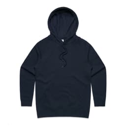 A dark navy hoodie featuring a front pocket and a drawstring hood. It has a branding logo.