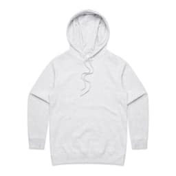 A light grey hoodie with a drawstring hood and a front pocket. It features a logo on the material.