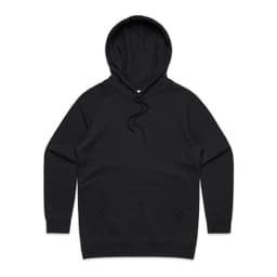 A black hoodie featuring a front pocket and a drawstring hood. It has a simple design and includes a logo.