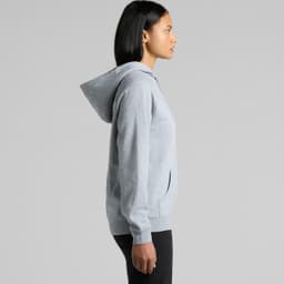 A grey hoodie with a front pocket and a hood, featuring a logo. The model is shown from the side.