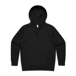 A black hoodie featuring a front pocket and drawstring hood. It has a logo on it.