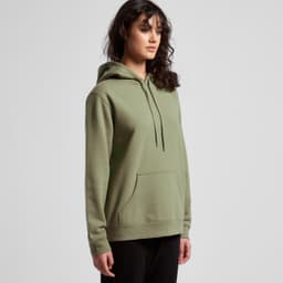 A green hoodie with a front pocket and a drawstring hood is displayed on a model. It has a logo.