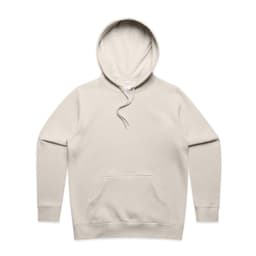 A beige hoodie featuring a front pocket and an adjustable drawstring hood, with a logo on the inside.